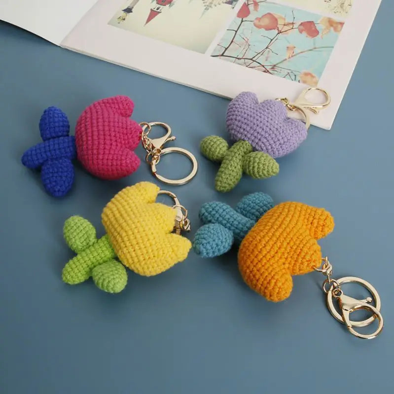 Crochet Handmade Flower Crochet Tulip Keychain Car Bag Charm Decoration Key Ring De Tulipanes Handwoven Fluffy Flower Key Chains