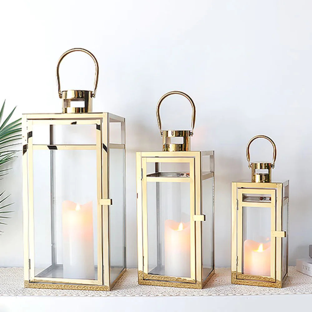 Classic Golden Stainless Steel Candle Lantern Set of Wedding Outdoor Lantern Square Floor Candle Lantern for Home Decor Event