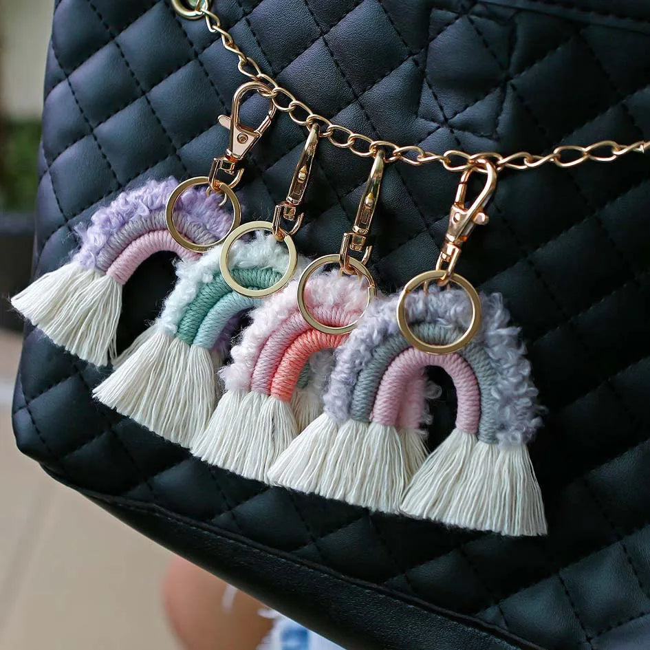 Boho Weaving Tassel Keychains Backpack Charm Plush Rainbow Woven Macrame Keychain