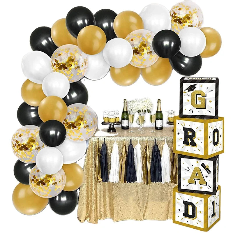 Balloon Black Gold White Balloon Arch Garland with Boxes for 2022 Graduation Party New Year Backdrop Decor Set