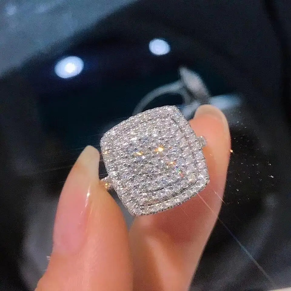 CAOSHI Women Luxury Minimalist Jewelry 925 Silver Plated Bands Square Shaped Geometric Full Pave Cubic Zirconia Crystal Rings