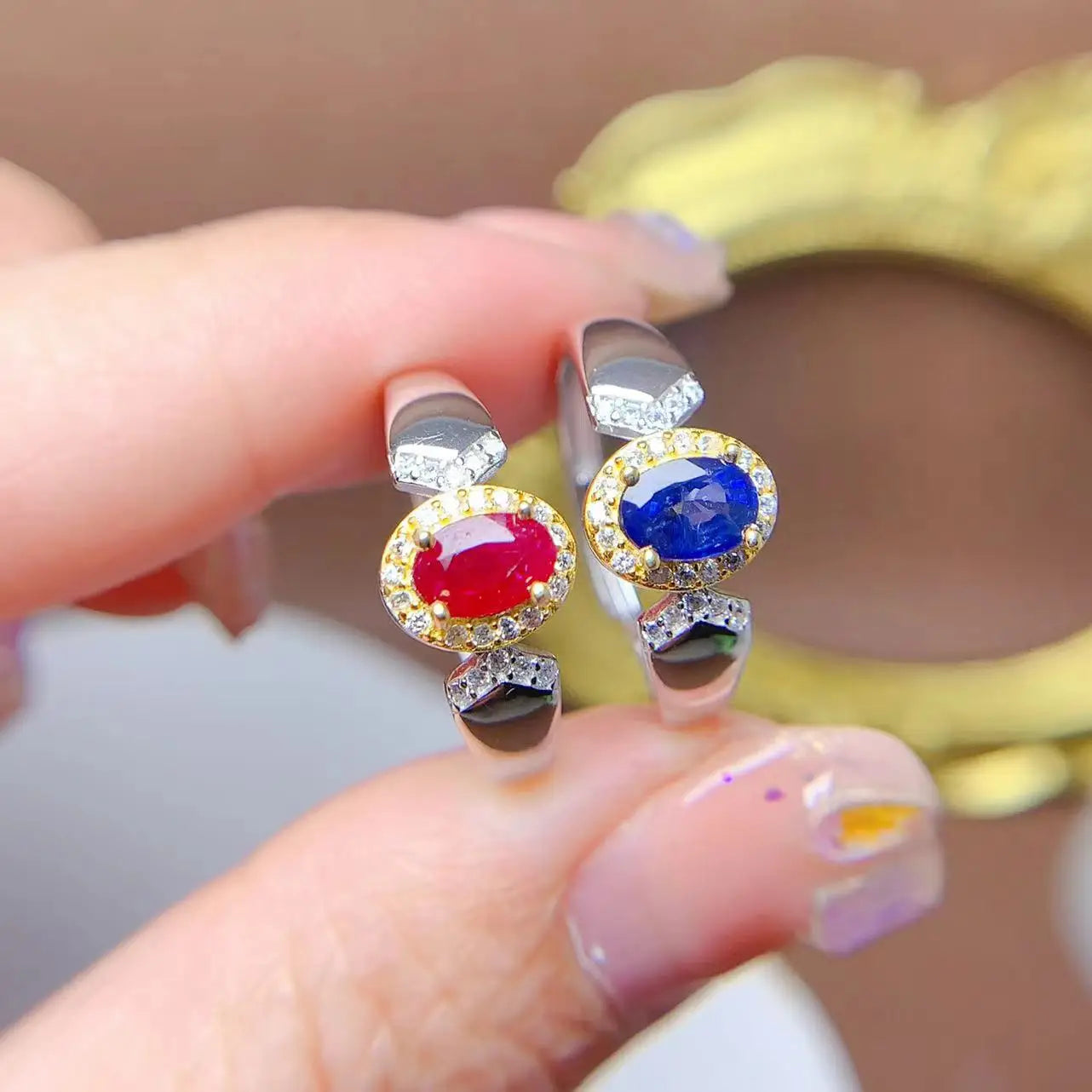 Hot Popular Fine Classic 925 Sterling Silver Oval Cut Sapphire and Ruby Red Gemstone Party Jewelry Women Rings