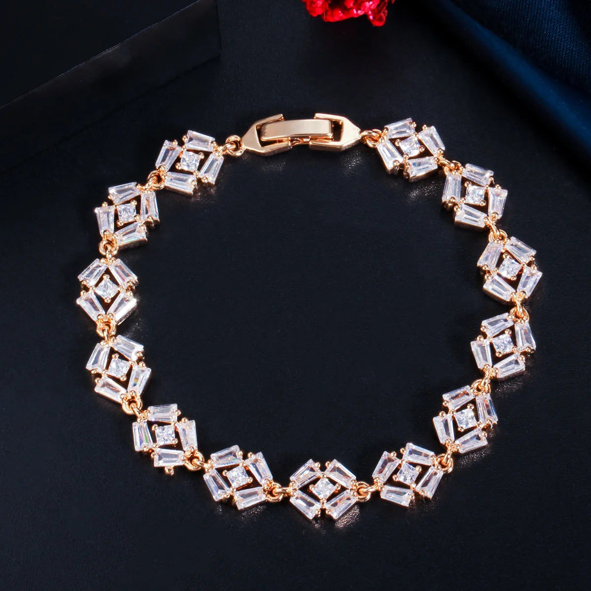 European Stylish Sparkle White Trapezoidal Icy Cubic Zirconia 18K Gold Plated Bracelets for Women Engagement Party Jewelry