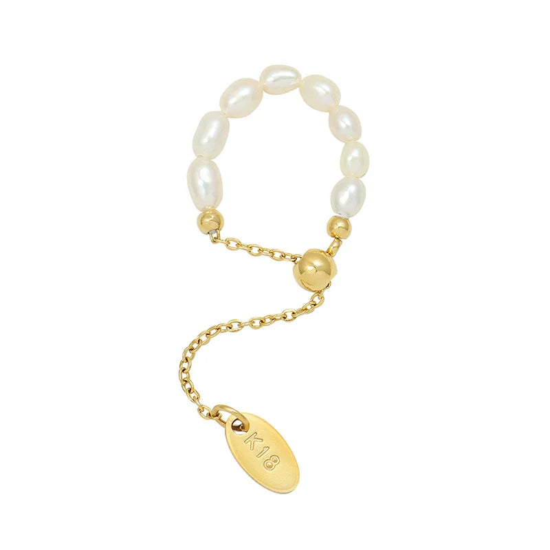 High End 18K Plain Gold Pearl Pull-type Adjustable Rings Stainless Steel Trendy Simple Gold Plated Jewelry