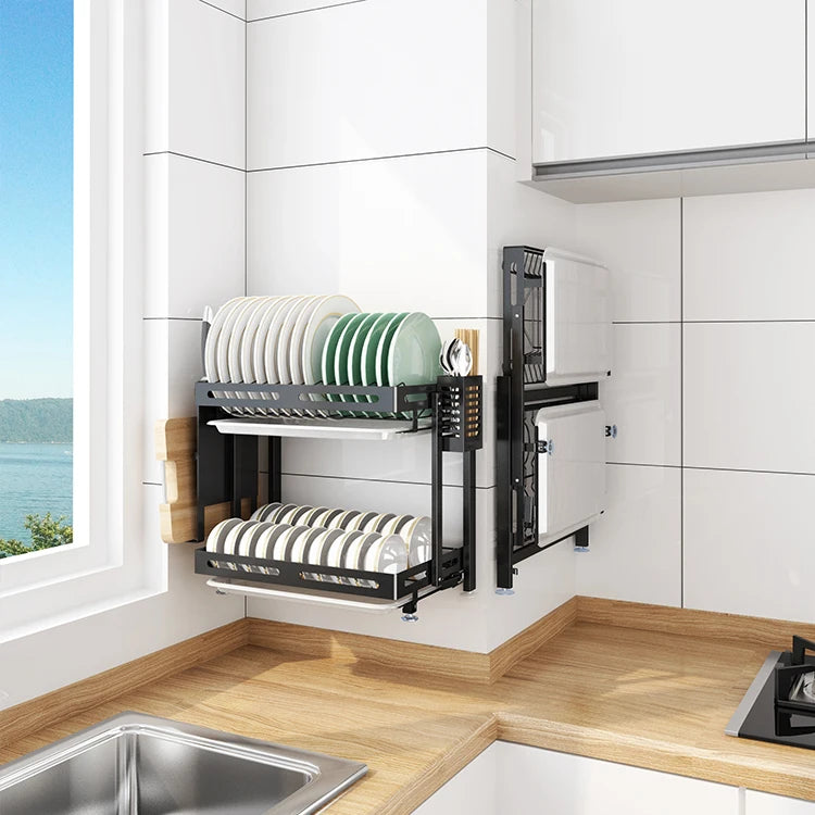 Stainless Steel 2 Tier Rust Proof Non-Slip Dish Drainer Holder Foldable Kitchen Wall Utensil Bowl Rack Cutlery Rack Cup Shelf