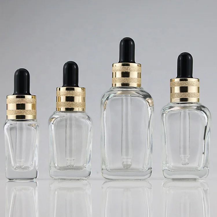 Empty 10ml 30ml 50ml Clear Square Glass Cosmetic Serum Essential Oil Dropper Bottles