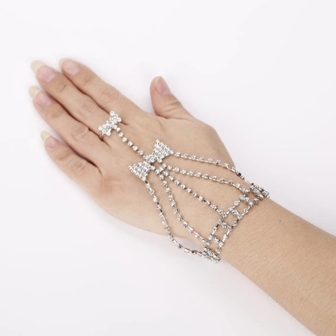 Fashion Bow-In-The-Middle Glass Rhinestone Wedding Accessories Elegant Bracelet Finger Rings Set Hand Adornment Charm Jewelry