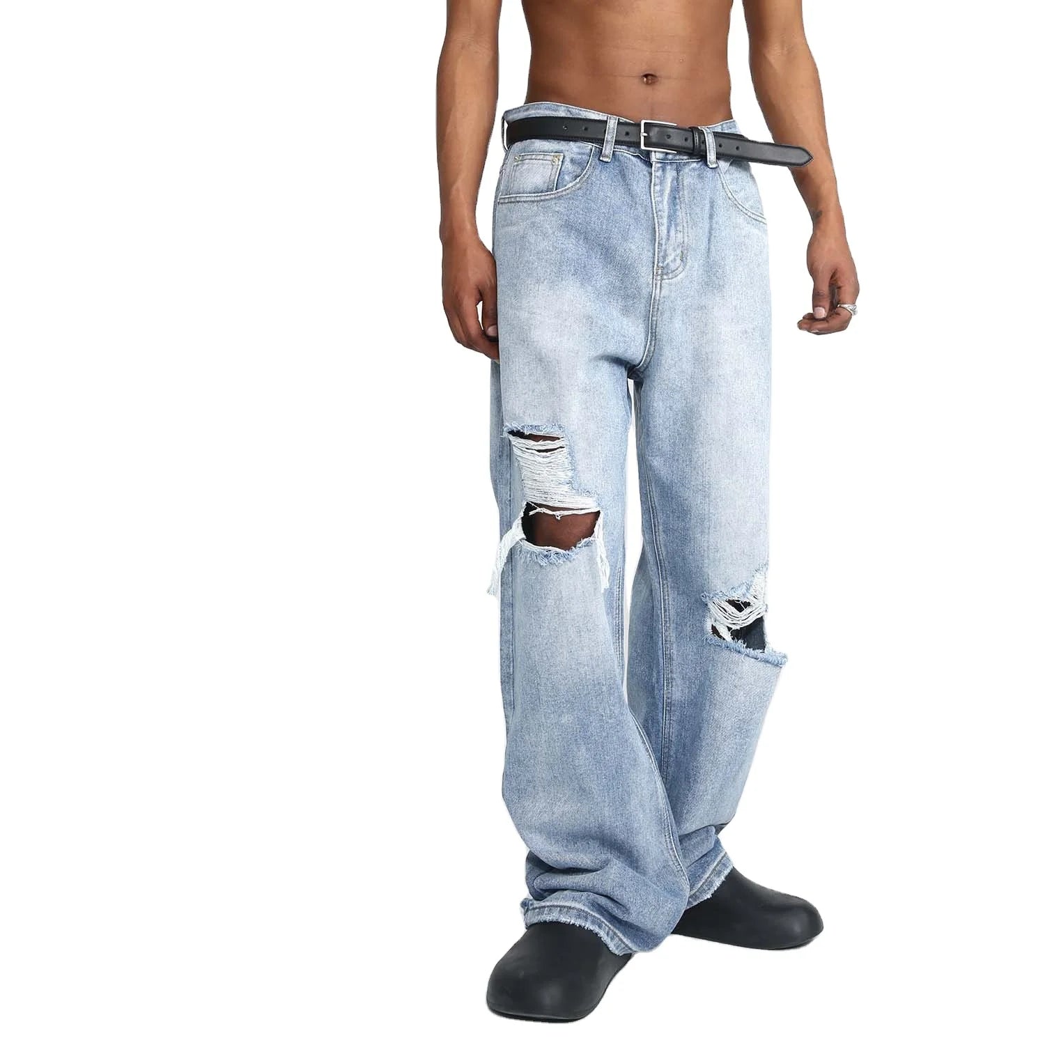 2024 Wholesale Loose Fit Jeans Fashion Light Blue Jeans Knee Hole Straight Fit Jeans Men