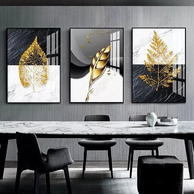 Light Luxury Golden Flower Painting Wall Art for Home Decor Set Golden Leaf UV Printing Hanging Wall Art Set