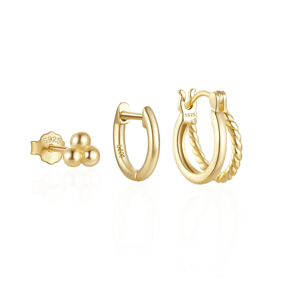 Fashion Earrings Set Jewelry 925 Sterling Silver Three Beads Stud Earrings Double Layers Two Lines Gold Plated Hoop Earrings