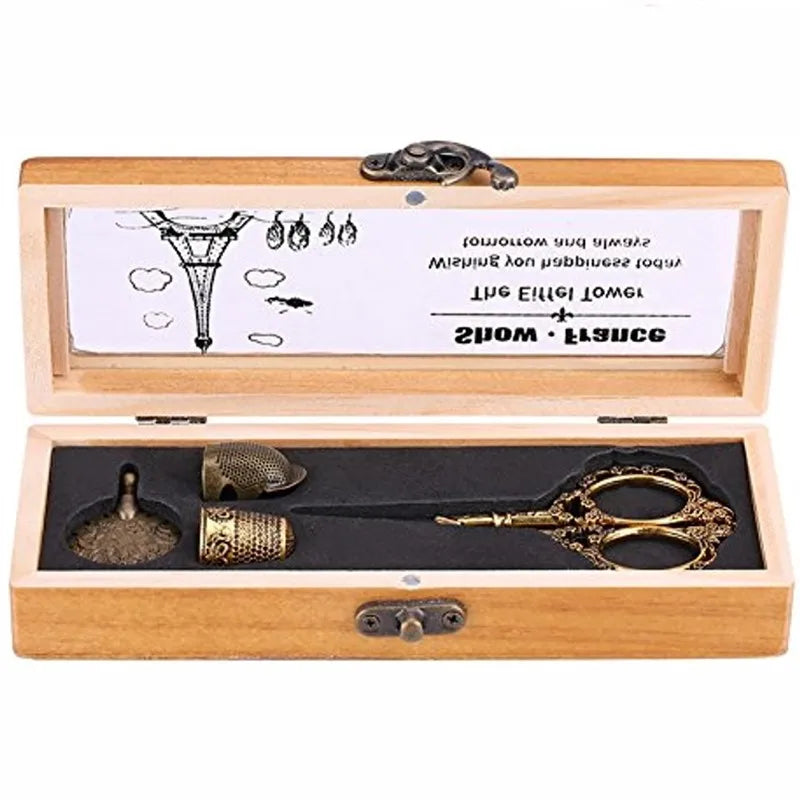 Portable Vintage Tailoring Embroidery Scissors Sewing Knitting Tools Kit Set Box with Thimbles Wooden case