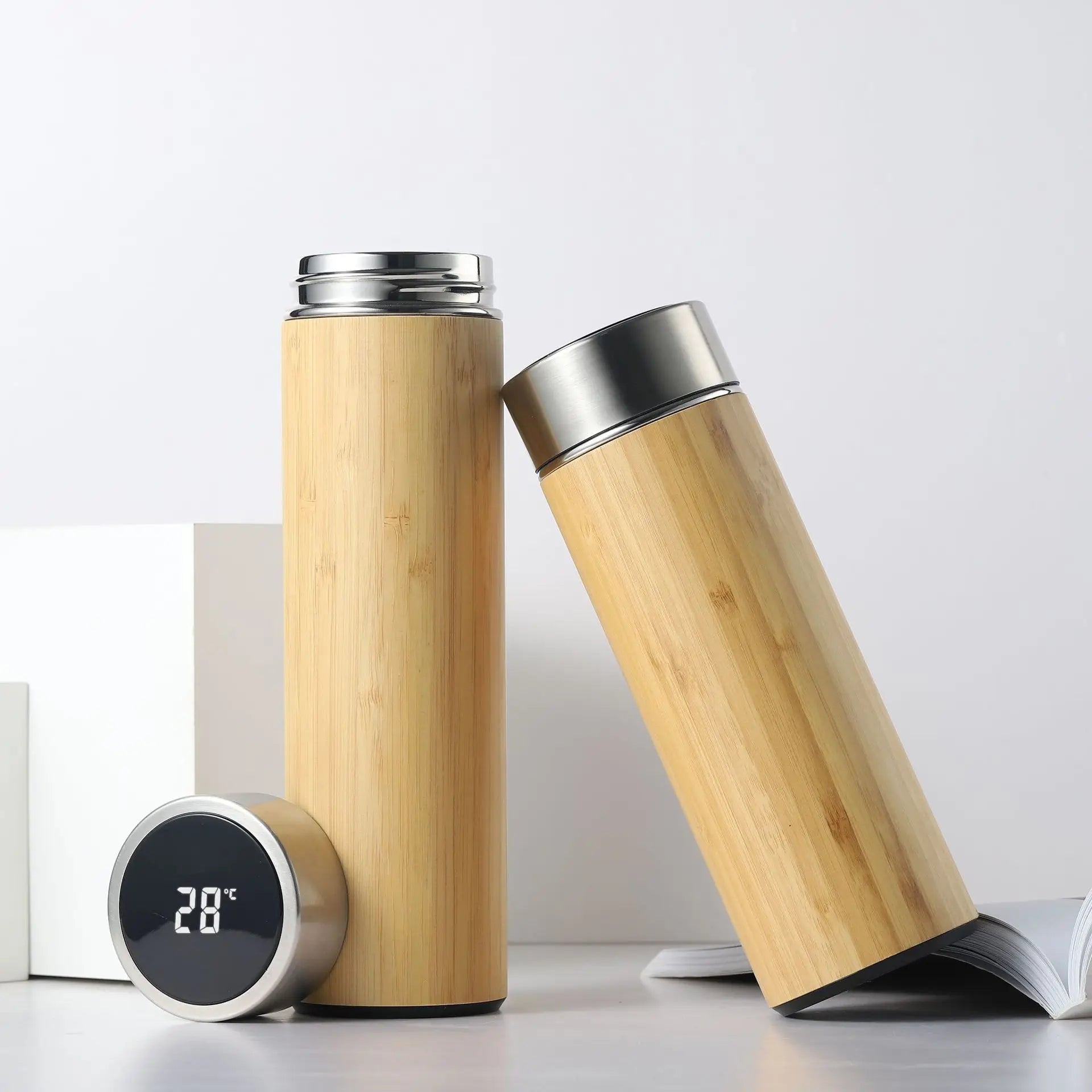 FX Factory New Design 500ml Natural Bamboo Smart Water Bottle LED Temperature Display Tumbler Sports Drinking Bottle