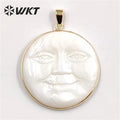 WT-JP334 Big Size 35MM Natural White Shell Sun Pendant Gold Bezel Unique Energy Hand Carved Smile Pendant for Necklace