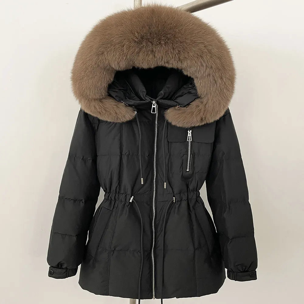 OFTBUY 2024 Women's Fashion Natural Real Raccoon Fox Fur Collar Long Hooded Winter Jacket Warm Casual Outerwear with Down Coat
