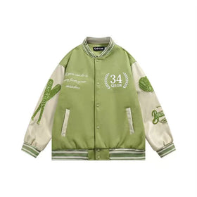 Hot Sale Customized Chenille Logo Green Woolen Fabric Leather Sleeves Baseball Jacket