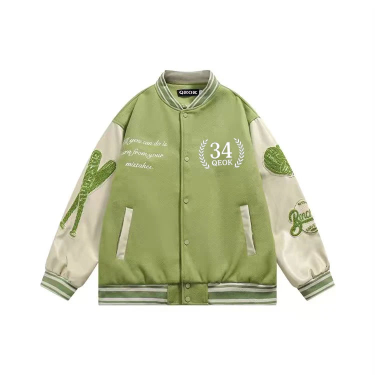 Hot Sale Customized Chenille Logo Green Woolen Fabric Leather Sleeves Baseball Jacket