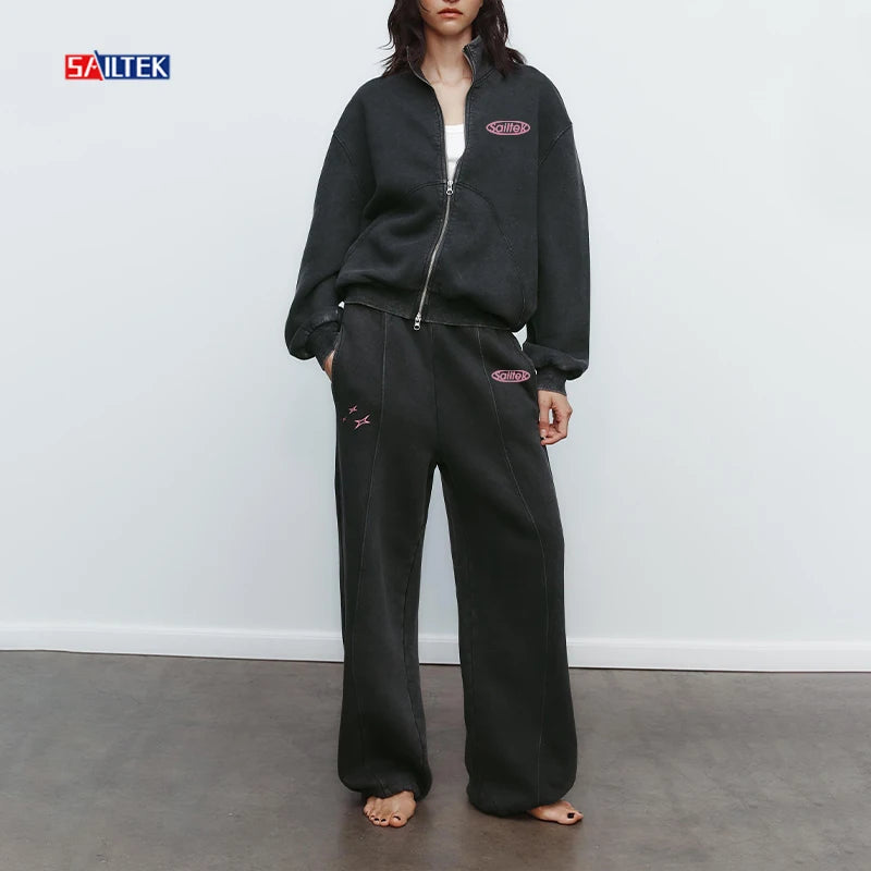 Wholesale Tracksuit 100% Cotton Zip Sweat Suit Women Sportswear 400 Gsm Fleece Sweatsuit Two Piece Zip up Hoodie and Joggers Set