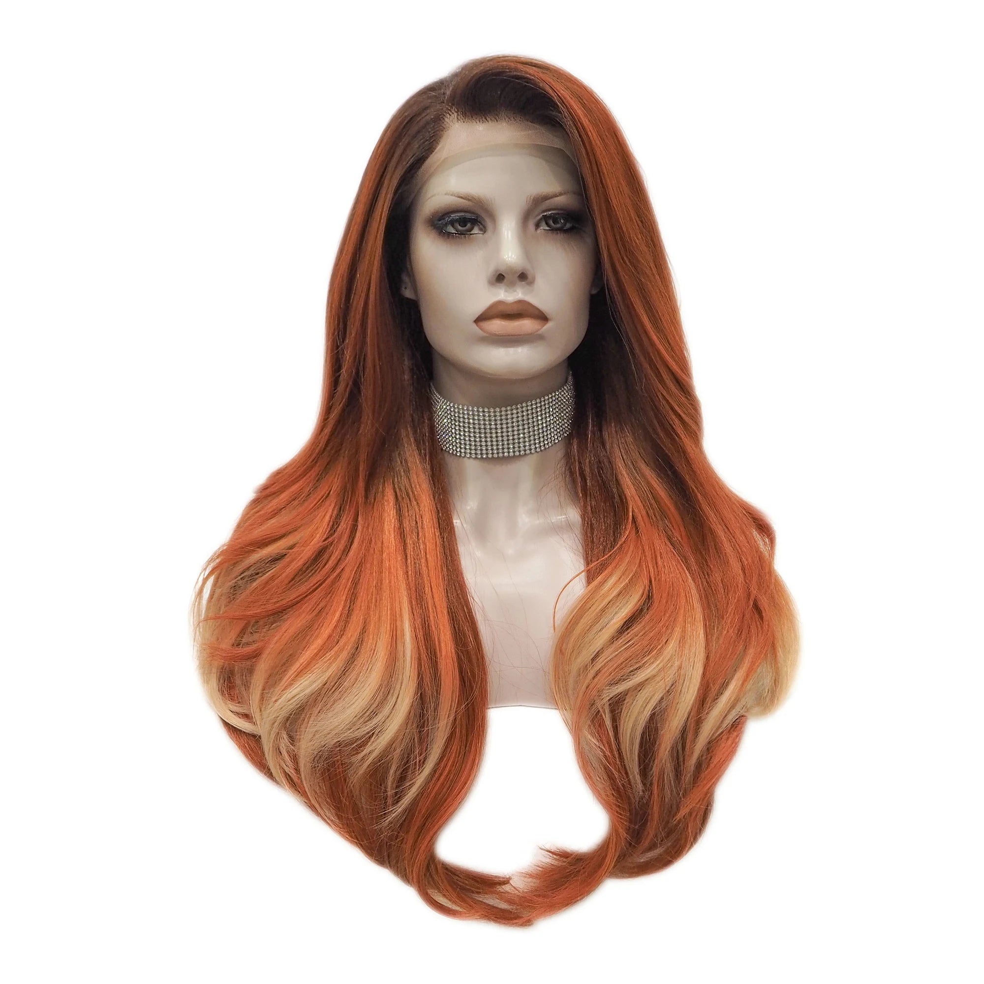 Celebrity Wig  New Designed Dark Root Orangel Color Daily Life Wearing Futura Henlon Fiber Synthetic Lace Front Wigs