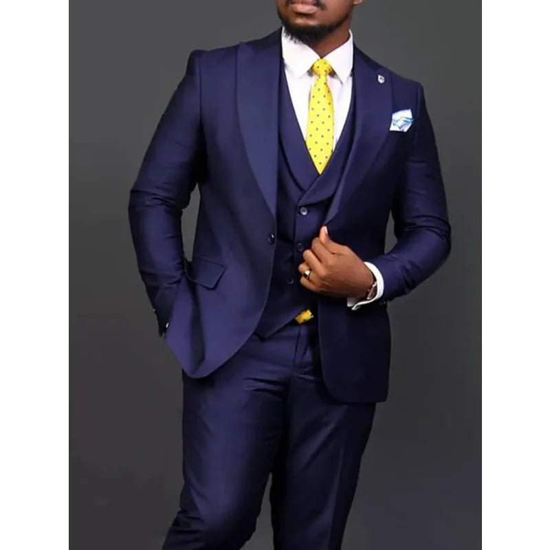 Dark Blue Men Groom Tuxedos One Button Menl Groomsmen Wedding/Prom/Dinner Man Blazer Jacket Pants Vest