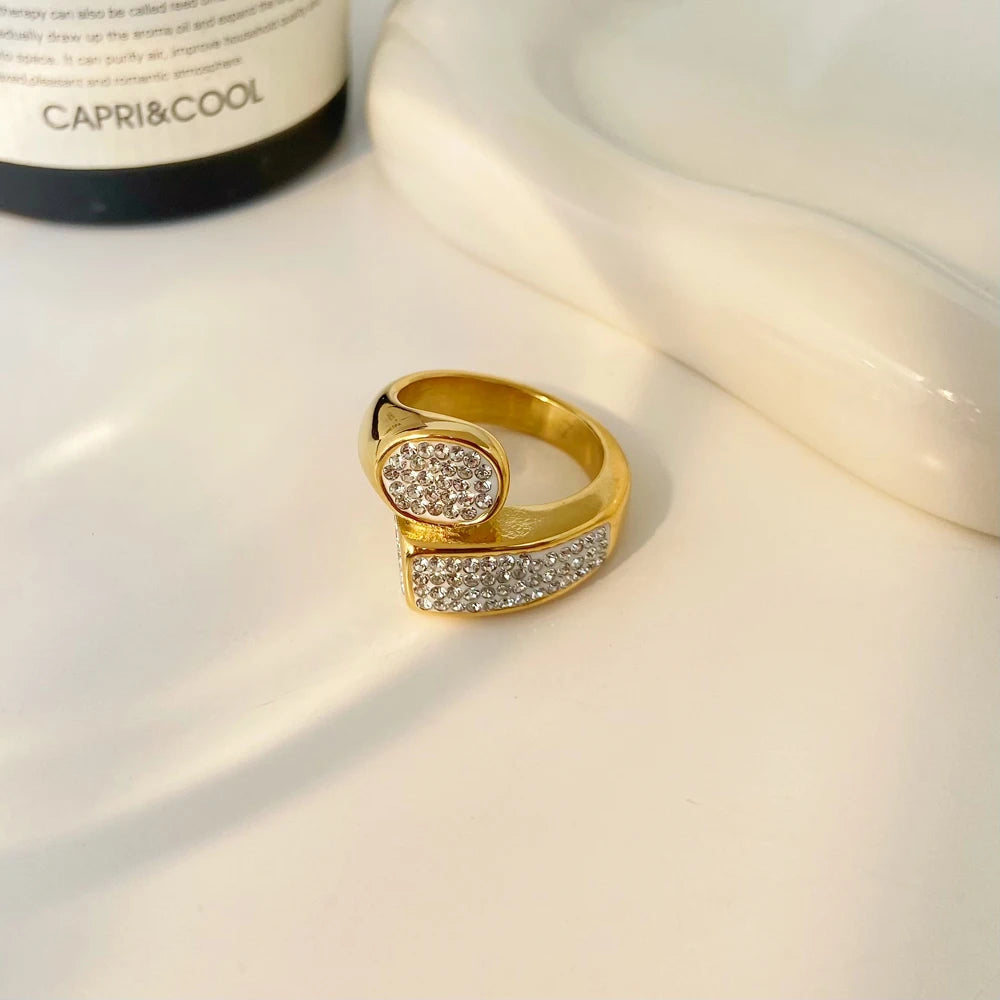 New Fashion Jewelry Titanium Steel Gold Plated Full ZIRCON Geometric Irregular Ring Jewelry for Women