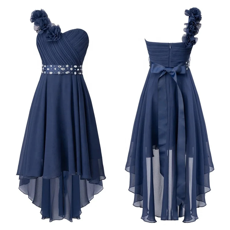 Kids Girls 3D Applique Dress One-Shoulder Ruched Asymmetrical Hem Party Dress With Detachable Rhinestone Sash