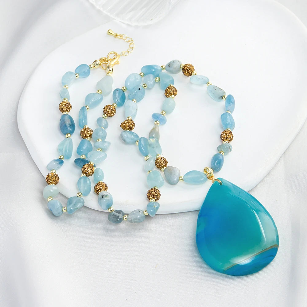 New Fashion Beautiful Bohemian Irregular Morganite Rose Quartz Aquamarine Hematite Rhinestone Necklace Drop Pendant Necklace