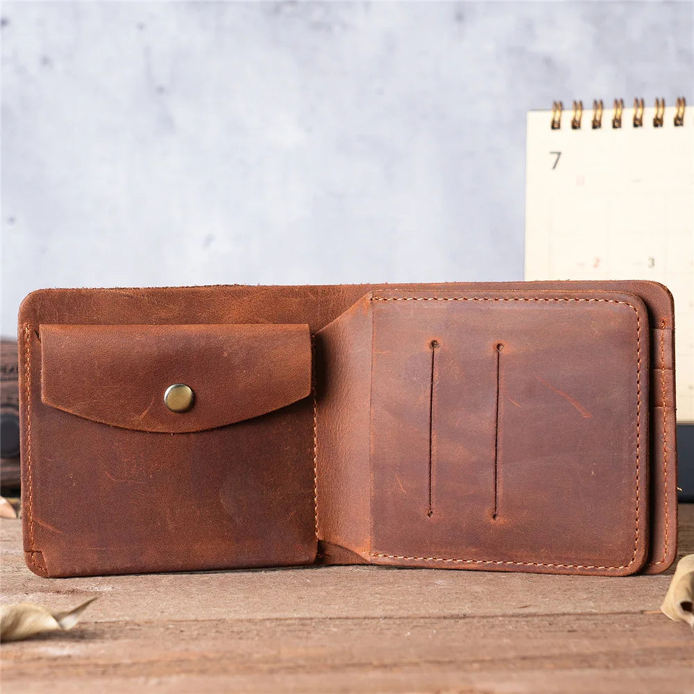 Vintage Casual Wallet Men Leather Multiple Card Slots Crazy Horse Three-fold Cowhide Leather Short Purse
