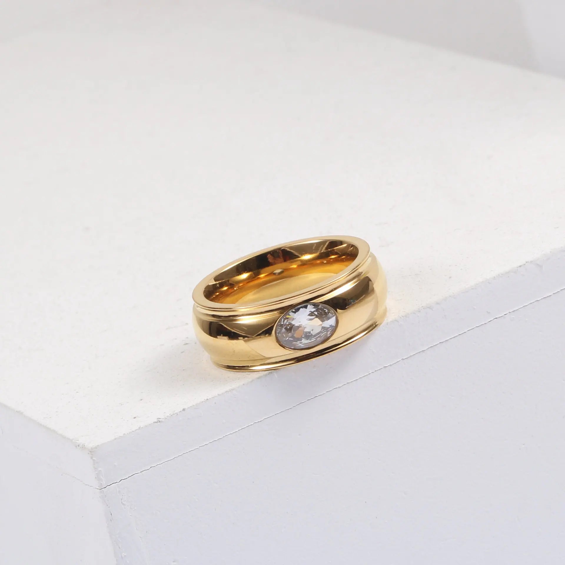 Joolim Jewelry Wholesale 18K Gold Plated Eye Zirconia Camber Stainless Steel Rings for Women Rings
