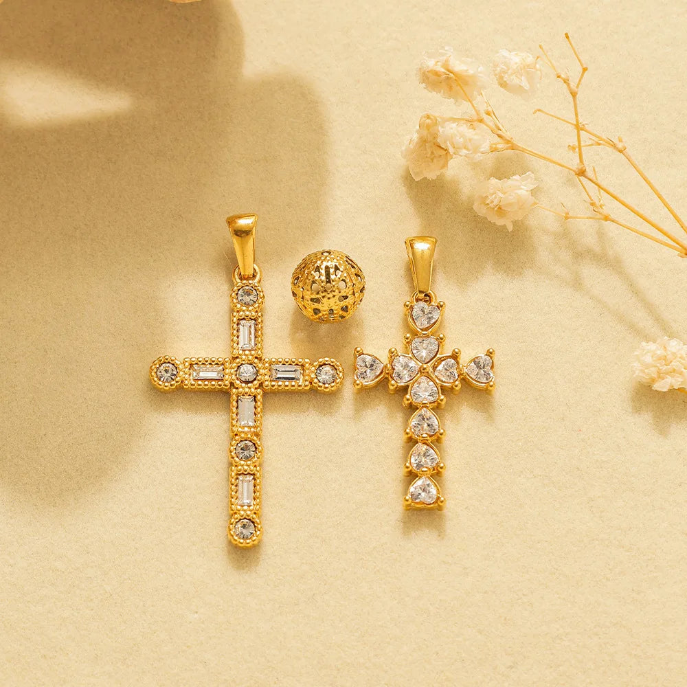 Stainless Steel Rhinestone Heart Cross Pendant Charms Round Beads for Diy Jewelry Making