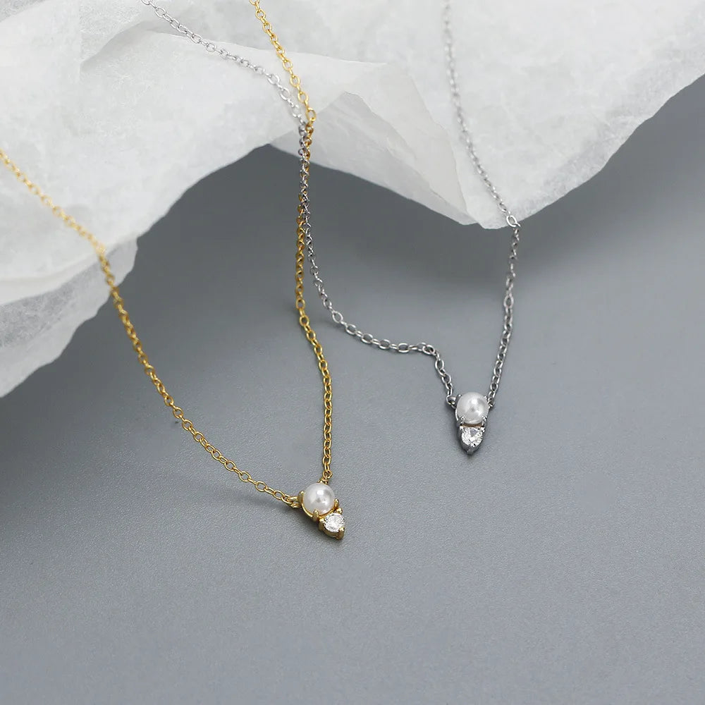 Wholesale Fashion Jewelry 925 Sterling Silver Pearl Diamond Cubic Zircon Gold Plated Clavicle Necklace Jewelry for Women