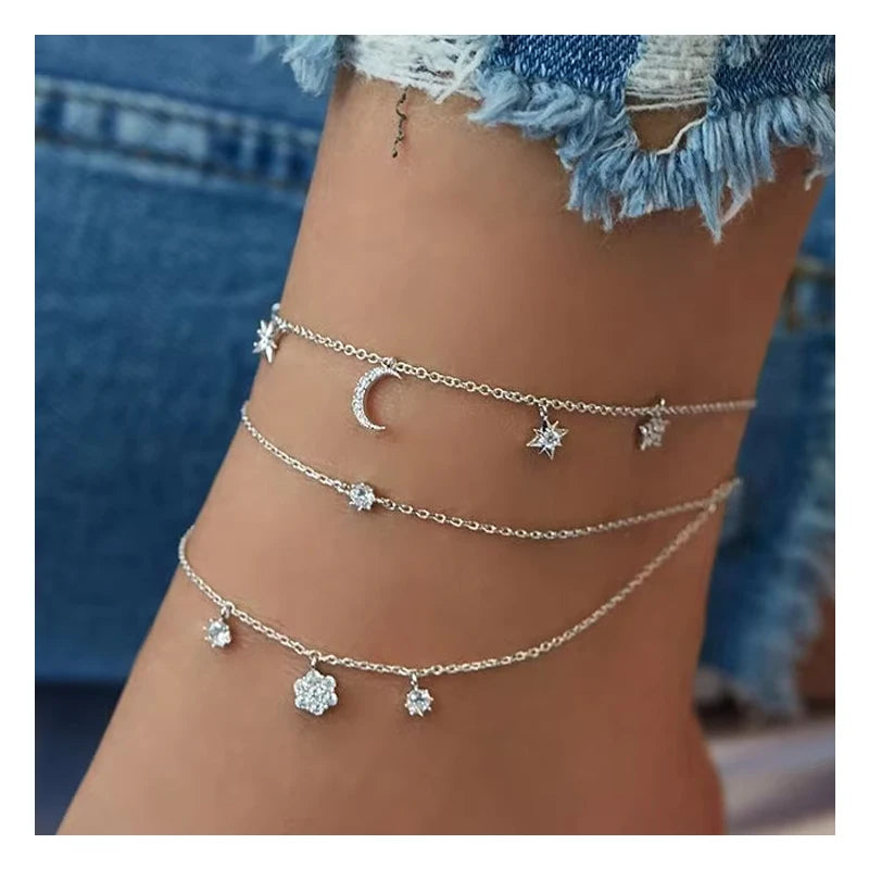 VKME Fashion Moon Star Pendant Charm Anklets for Women Shiny Crystal Anklet Wholesale Birthday Jewelry Gift Anklets