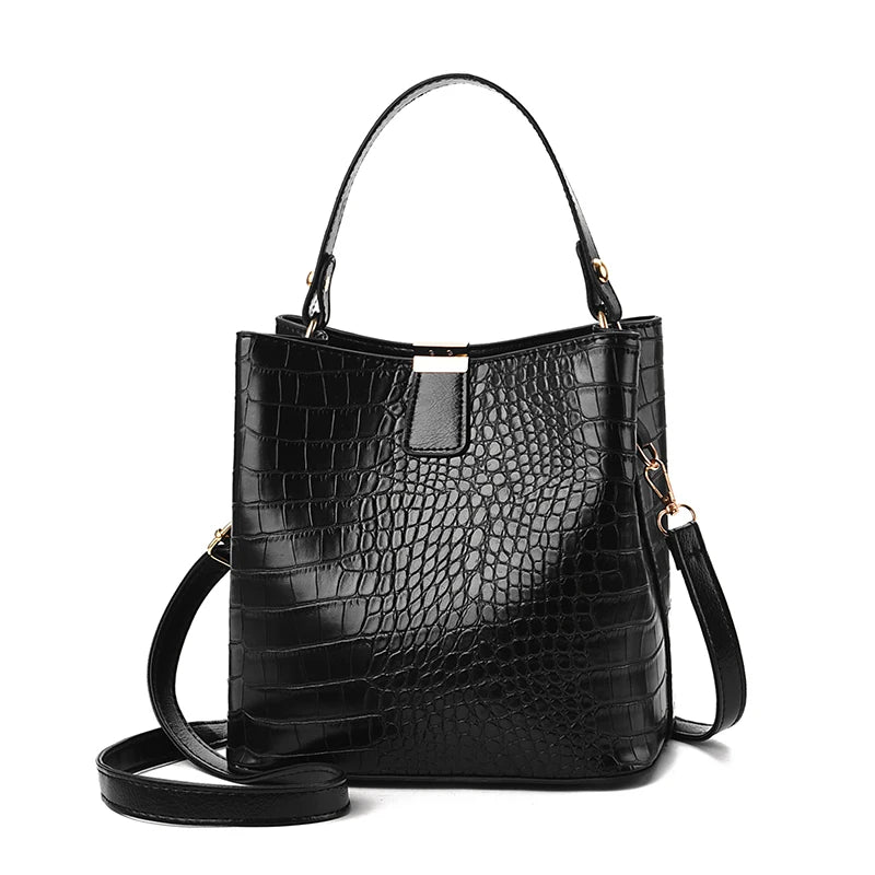 New Fashion Large-Capacity Crocodile Design Ladies Bucket Handbag Zipper Closure Portable PU Lining Single Strap Shoulder Bag