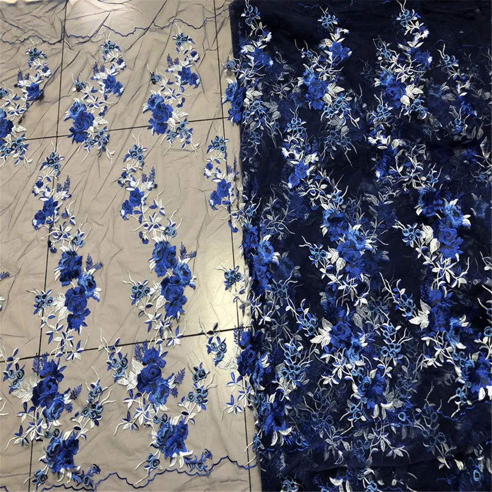 Charming Elegant Tulle Embroidery Fabric Lace Jacquard Dark Blue Navy Stiff Good Texture for Gown Lady Dress Kids Cloth Summer
