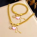 Stainless Steel 18k Gold Plated Pink Heart and Flower Charm Jewelry Set Tarnish Free Thick Chain Necklace Bracelet Set for Women
