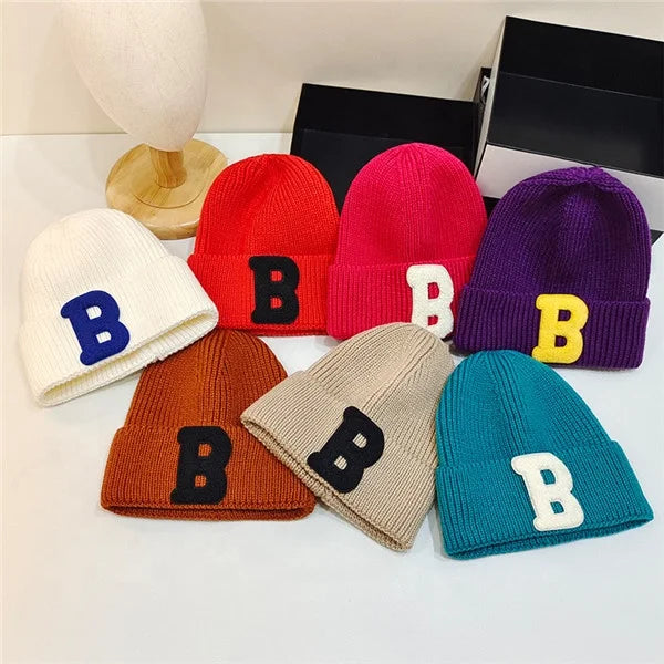 2021 Casual Solid Letter B Design Women Warm Knitted Winter Hip-hop Beanie Hat Cap