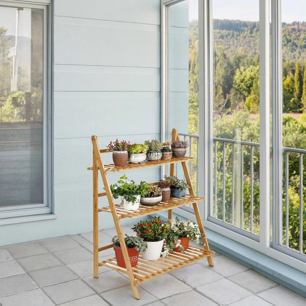 2~3 Tier Bamboo Indoor/Outdoor Home Patio Lawn Garden Balcony Organizer Foldable Modern Flower Pot Display Shelf Rack Storage