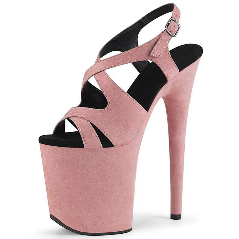 20cm Suede Roman Hollow Out Super High Heeled Sandals 8 Inch Pole Dance Fine Heeled High Heels Model Fashion Stripper Shoes