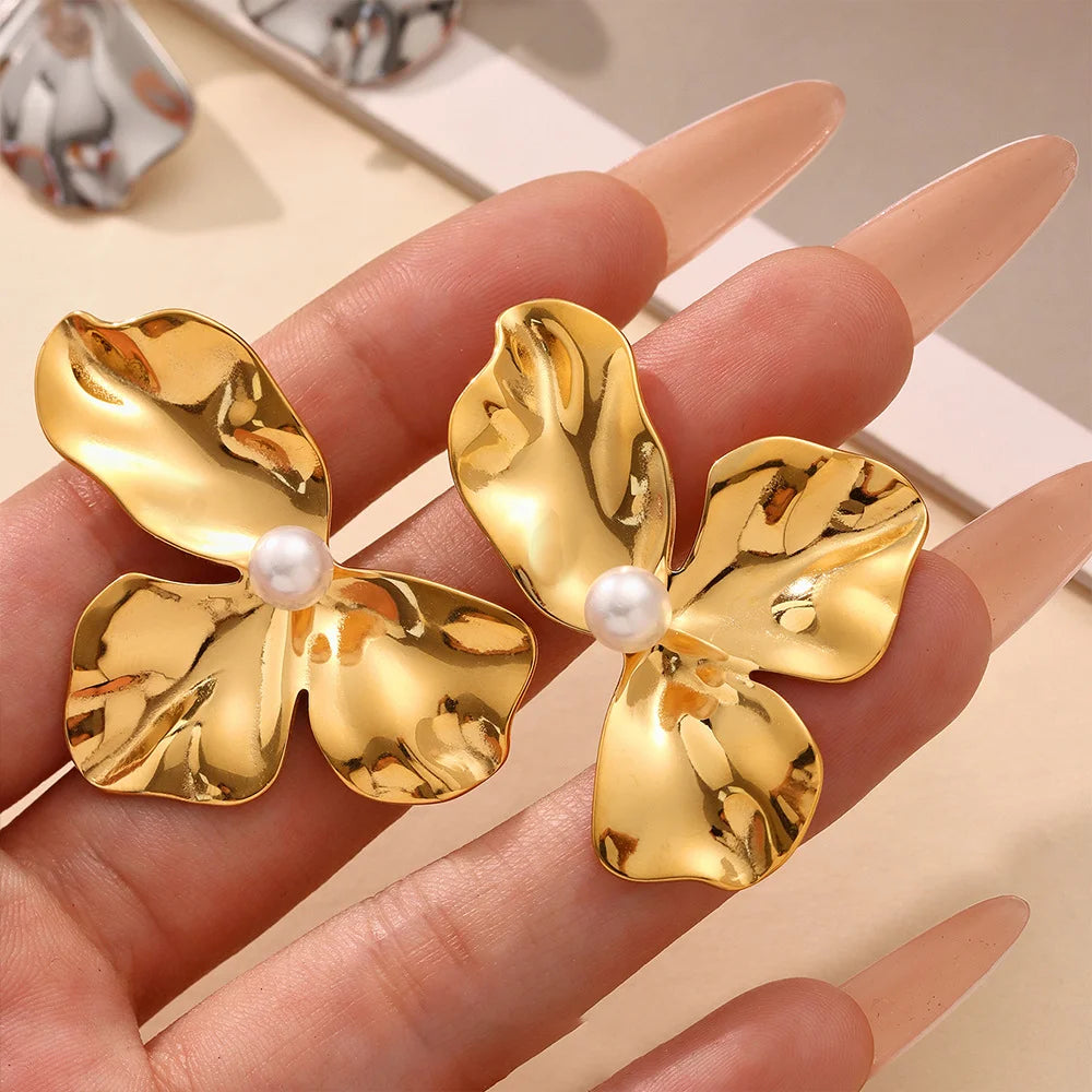 Light Luxury Style Exaggerated Stainless Steel Fashion Versatile Sunflower Petal Shell Bead Earrings for Women