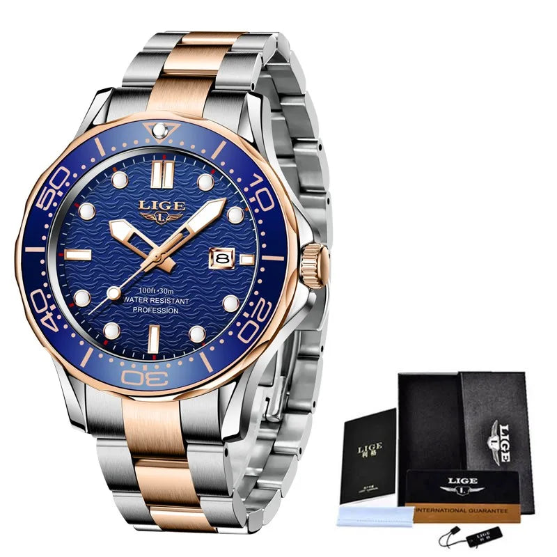 LIGE LG8936 Men's Watches with Date Silver Stainless Steel Analog Watches for Men Classic Rotatable Bezel Men's Cuff Watches