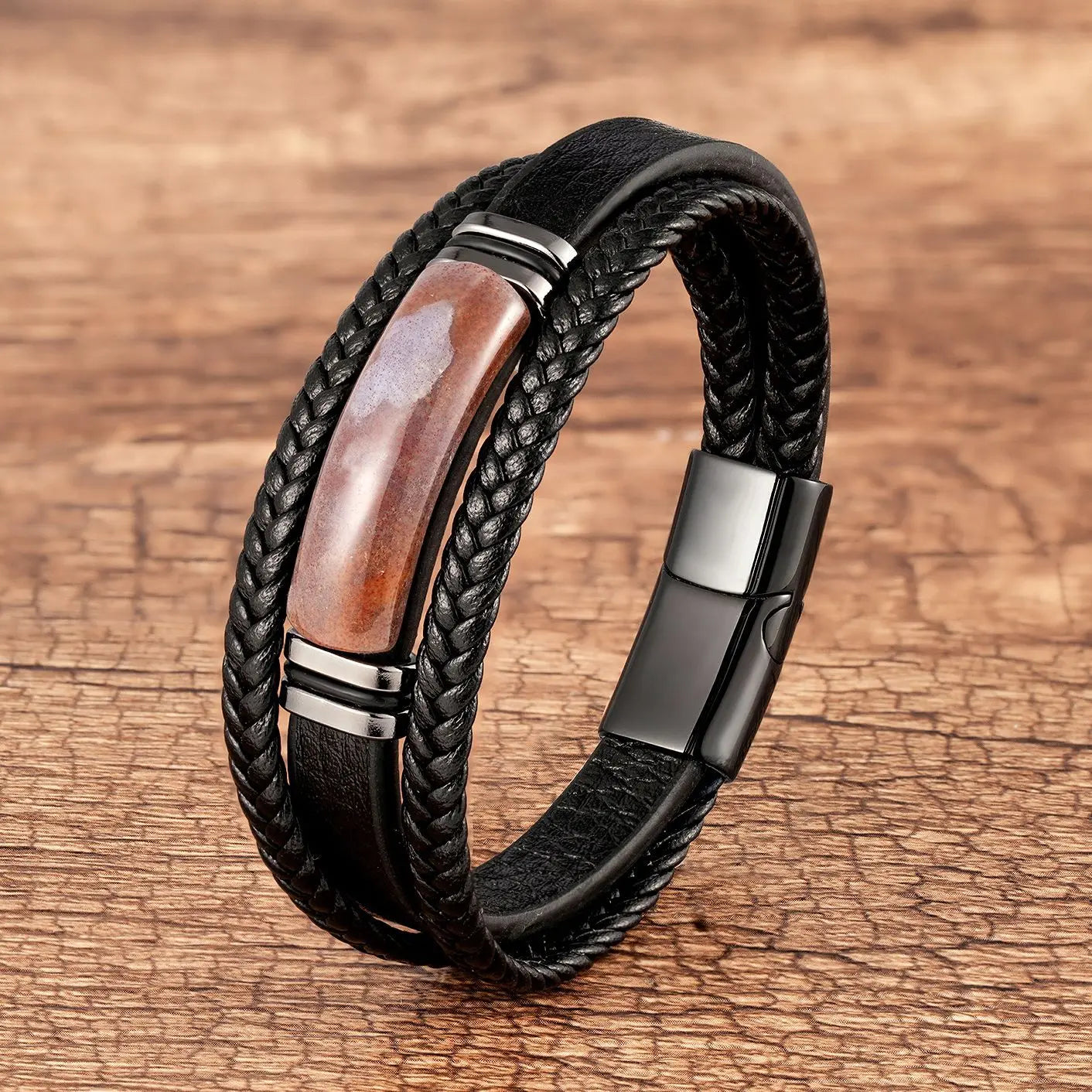 Hot Selling Fashion Tiger Eye Stone Natural Agate Stone Men's Leather Bracelet Multi-layer Braided Bracelet Magnetic Buckle