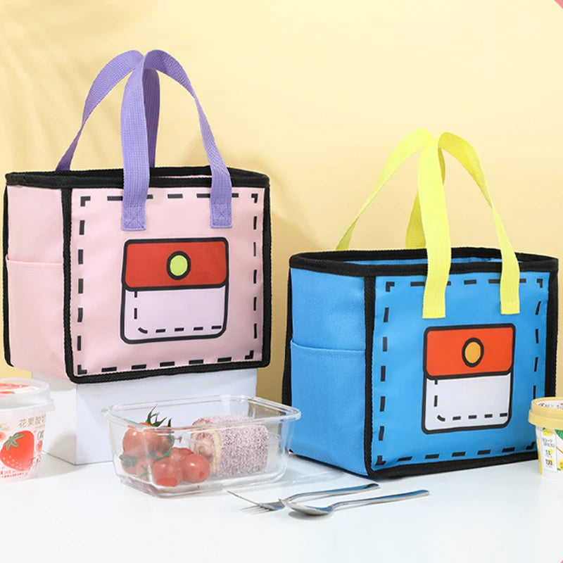 Latest Cute Insulated Thermal Cooler Bag for Office Work Picnic Reusable Portable Lunch Box for Men and Kids 2D Carton Lunch Bag