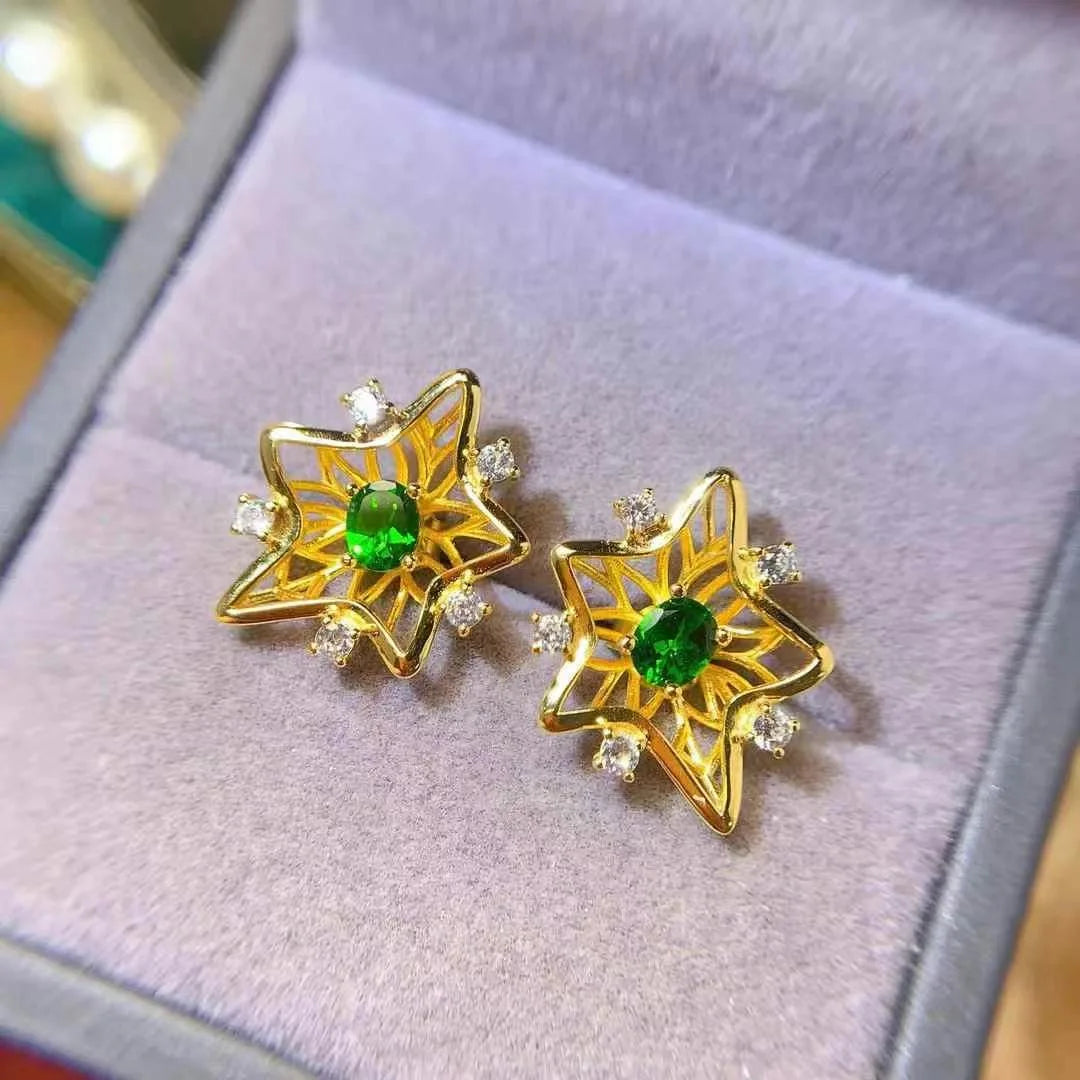 Fun New Design 925 Sterling Silver 18K Gold Plated Natural Diopside Large Chunky Stud Earrings for Girls Party & Gift Occasions