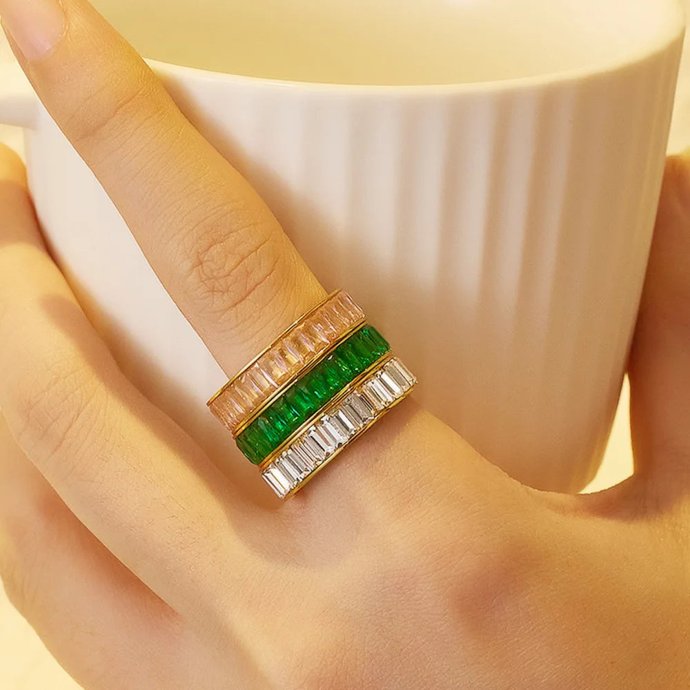 2026 Trendy Quality Stainless Steel Square Crystal Zircon Rings for Women's Jewelry