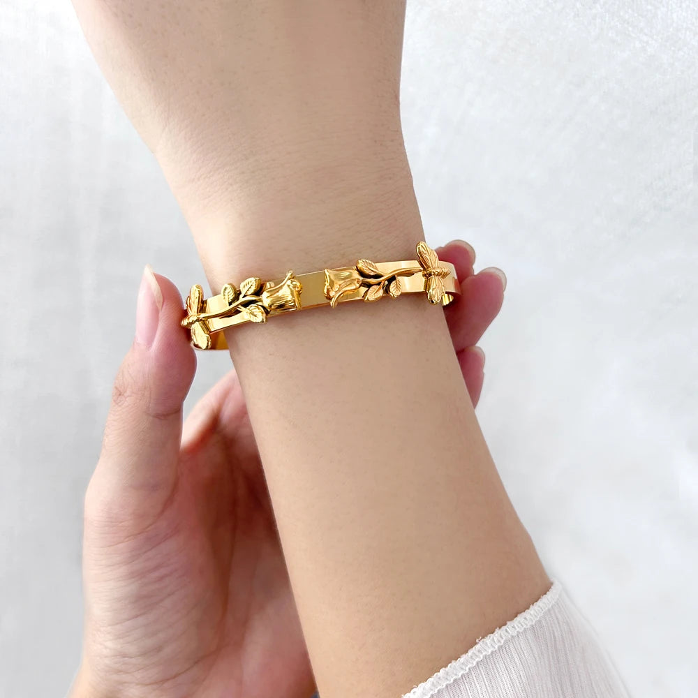 Trendy Simple Creativity Open Rose Cuff Bracelet for Charm Woman Elegant Color Delicacy Jewelry Gifts