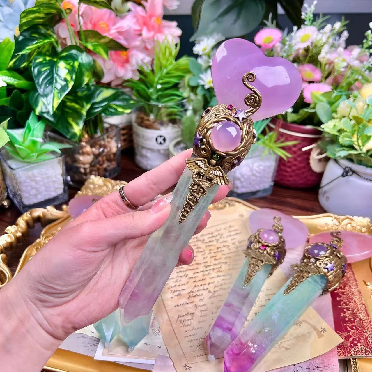 High Quality Magic Healing Crystal Product Rose Quartz Heart Candy Fluorite Tower Magic Wand