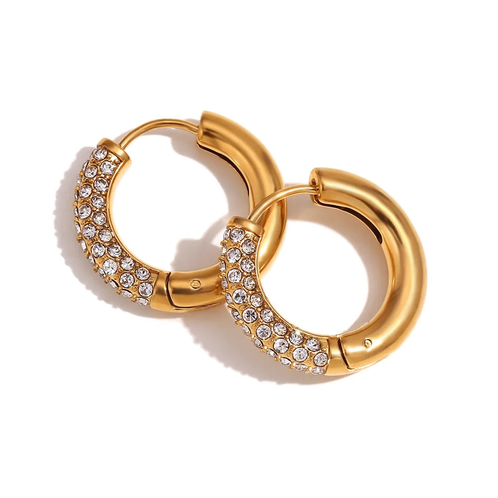 European and American Fashion Minimalist Stainless Steel Round Half Inlaid Zircon Hoop Earring Female