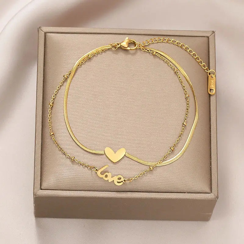 G2447 Wholesale 18K Gold Plated Titanium Steel Double Layer Dainty Charm Love Heart Anklet for Women Fashion Jewelry Anklets