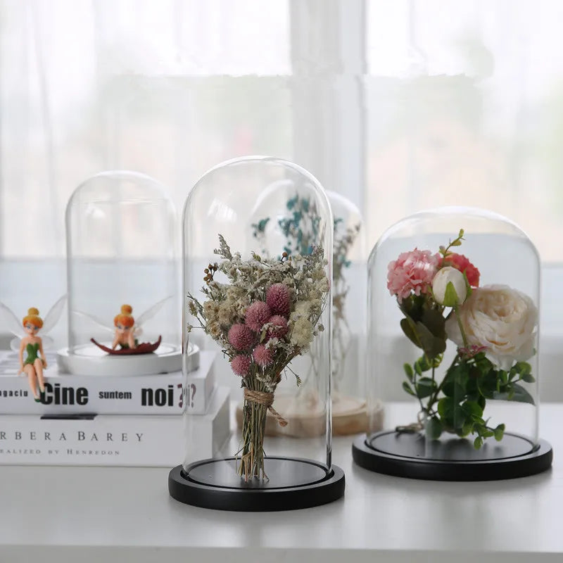 Wholesale Price Different Sizes Decorative Glass Dome Flower Glass Dome with Black Wooden Base