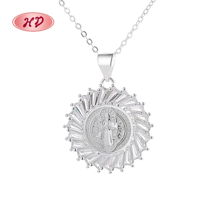 Fashionable Cubic Zirconia 925 Sterling Silver Round Religious Carve Pendants Necklace for Jewelry Wholesale