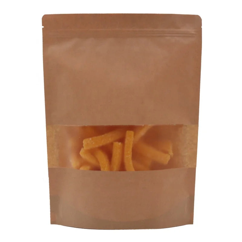 Custom Recyclable Biodegradable Zipper Brown Kraft Paper Stand up Pouch with Window Food Packaging Logo Display for Cake & Tea